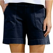 Cotton Linen Shorts for Women Stretch Twill Summer Casual Bermuda Shorts Pull On Chino Shorts Elastic Waist Stretchy Lounge Shorts with Pockets